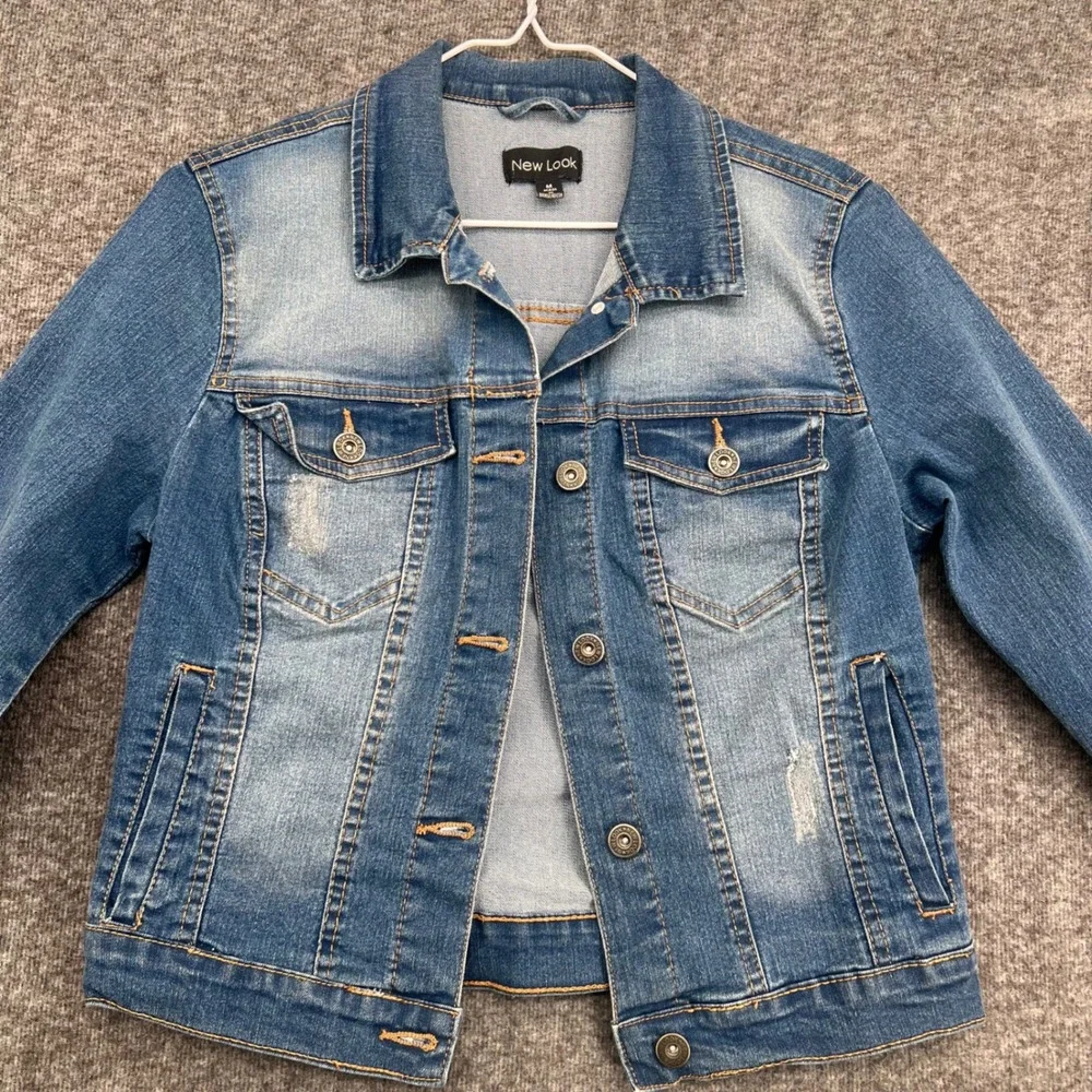New Look Womens Medium Wash Distressed Stretch Denim Trucker Jacket Blue Size M